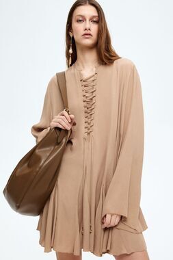 H&M Edition Beige Lace Up Flared Mini Dress XXL Bell Sleeve NWT